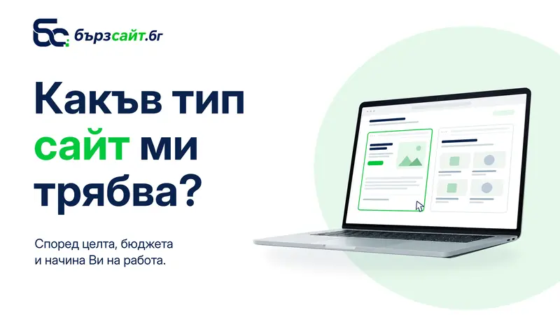 Банер на Бързсайт.бг с надпис „Какъв тип сайт ми трябва?“ и лаптоп с два примерни сайта за сравнение.